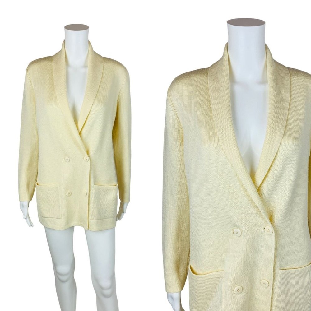 Vintage 60s Cream Long Cardigan Sweater Tunic Smoking Jacket Pockets B 40"